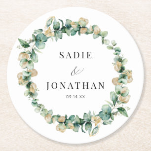 Eucalyptus Guld Elegant Utandning Bröllop Underlägg Papper Rund