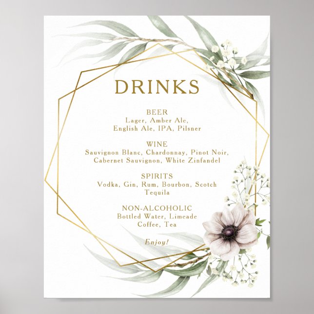 Eucalyptus Guld Geometric Bröllop Drinks Menu-teck Poster (Framsidan)