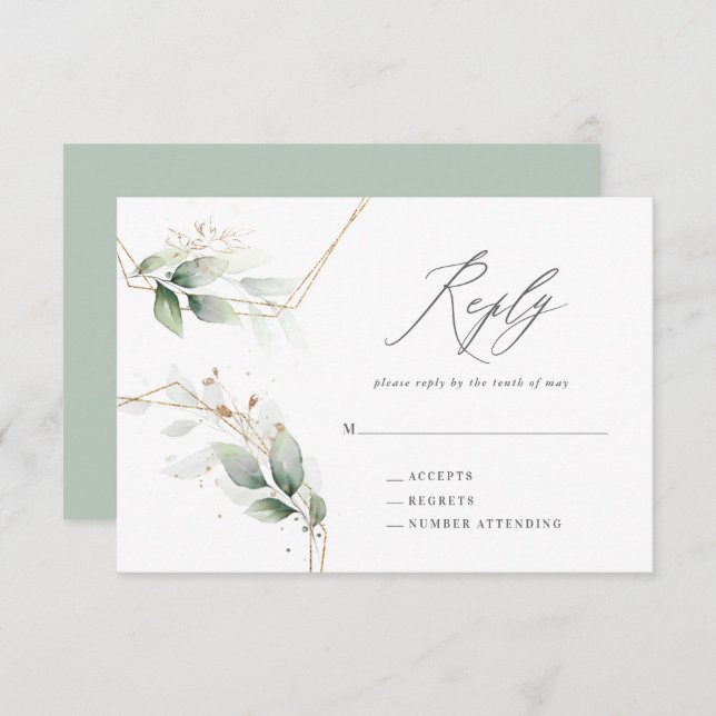 Eucalyptus guld geometric bröllop svar (Fram/baksida)