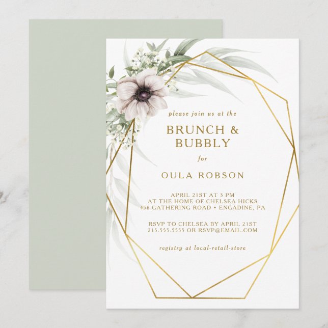 Eucalyptus Guld Geometric Brunch och Bubly Inbjudningar (Fram/baksida)
