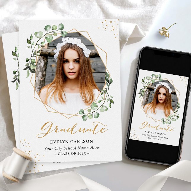 Eucalyptus Guld Geometric Photo Studentfest Inbjudningar (Skapare uppladdad)