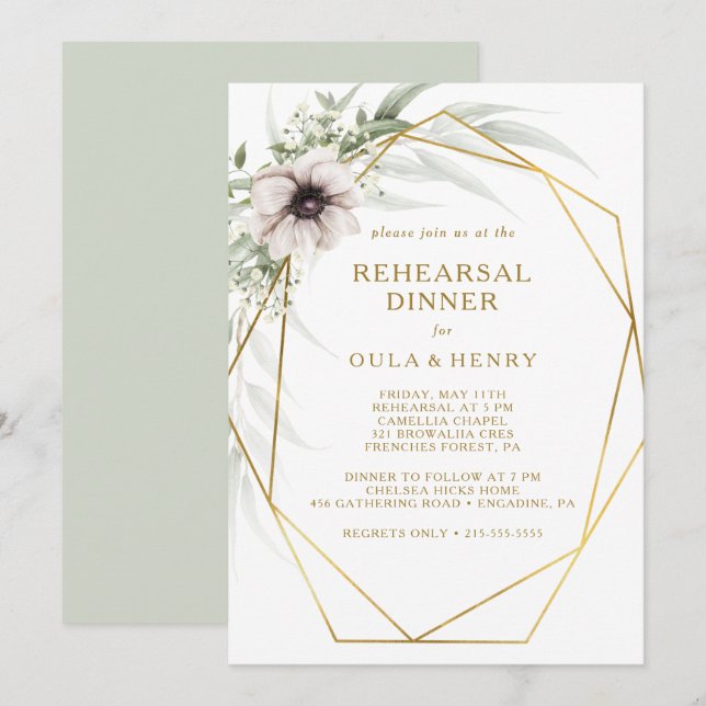 Eucalyptus Guld Geometric Rehearsal Dinner Inbjudningar (Fram/baksida)