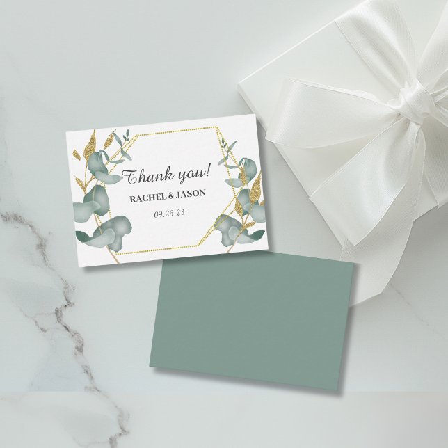 Eucalyptus Guld Glitter Foliage Bröllop Tack Anteckningskort (Modern Greenery Eucalyptus and Gold Glitter Wedding Thank you Card)