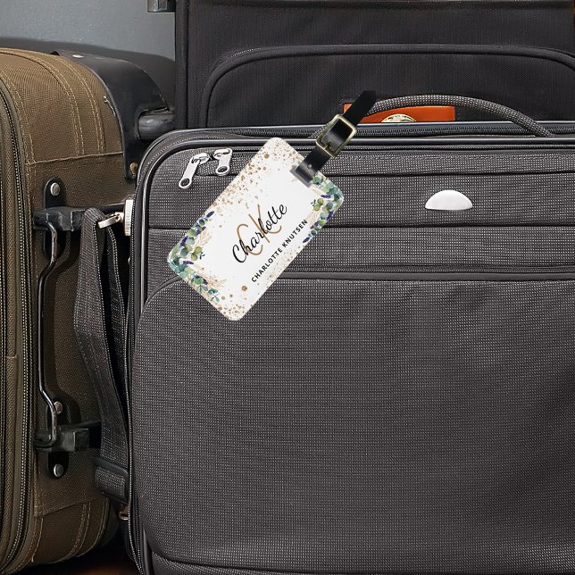 Eucalyptus guld glitter monogram namn bagagebricka (Skapare uppladdad)