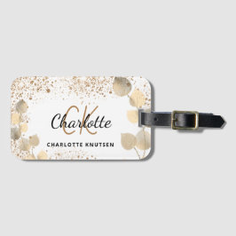 Eucalyptus guld glitter monogram namn bagagebricka