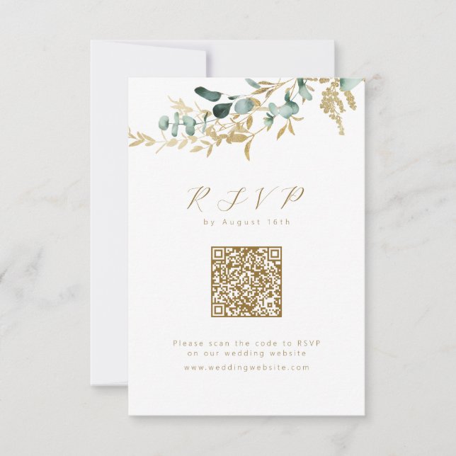 Eucalyptus guld greenery boho QR bröllop OSA Kort (Framsida)
