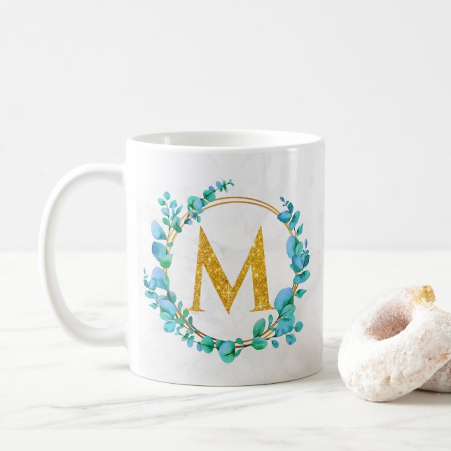 Eucalyptus Guld Greenery Personalize Monogram A-Z Kaffemugg (Med munk)