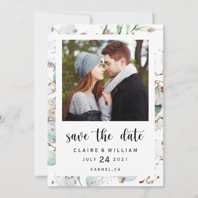 Eucalyptus Guld Greenery Photo Save Date Card Spara Datumet (Framsida)