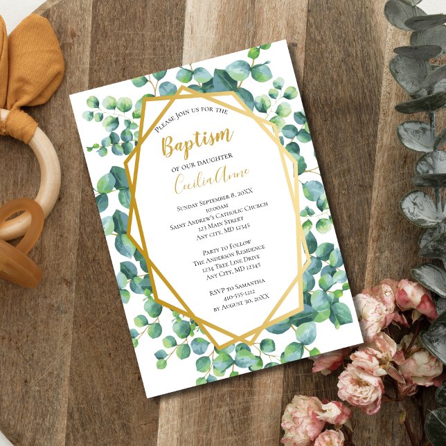 Eucalyptus Guld Grön Blommig Pojke Flicka Dop  Inbjudningar (Eucalyptus Gold Frame Formal Baptism Invitation Baby Boy or Girl. Printed or Instant Download )