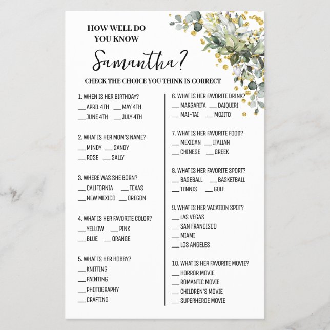 Eucalyptus Guld Hur bra vet du att Bride Game Flygblad (Framsidan)