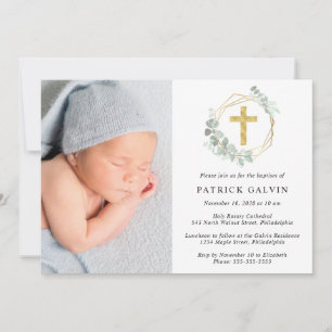 Eucalyptus Guld Kor Watercolor Foto Baptism Inbjudningar