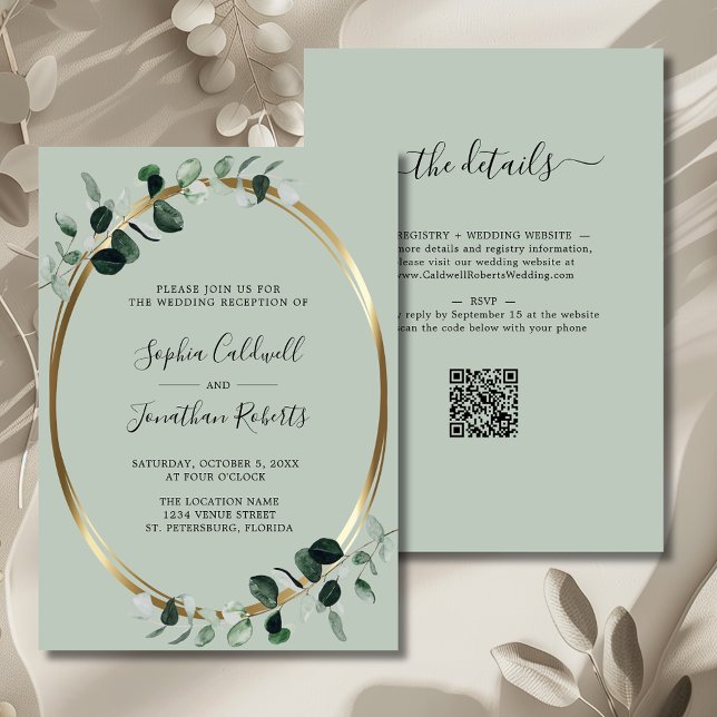 Eucalyptus Guld Metallic Sage Wedement Reception Inbjudningar (Eucalyptus Gold Sage QR Code Wedding Reception Invitation)