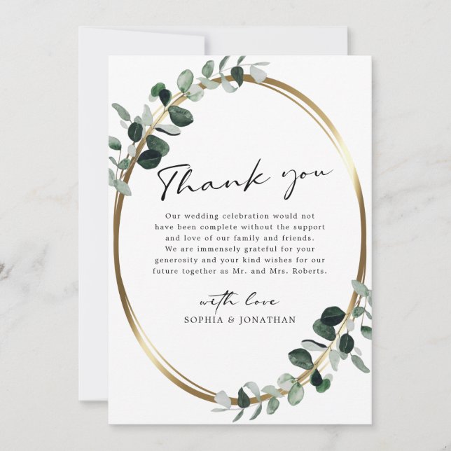 Eucalyptus Guld Modern Calligraphy White Bröllop Tack Kort (Framsida)