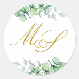 Eucalyptus Guld Monogram Bröllop Runt Klistermärke