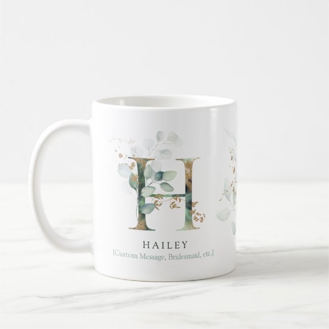 Eucalyptus Guld Monogram Initial H Greenery Chic Kaffemugg (Vänster)