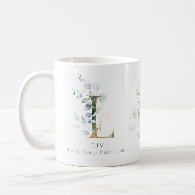 Eucalyptus Guld Monogram Initial L Greenery Chic Kaffemugg (Vänster)