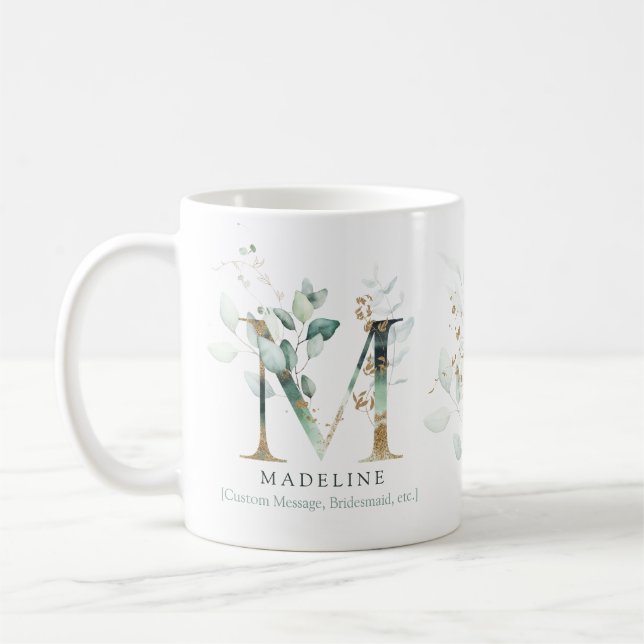 Eucalyptus Guld Monogram Initial M Greenery Chic Kaffemugg (Vänster)