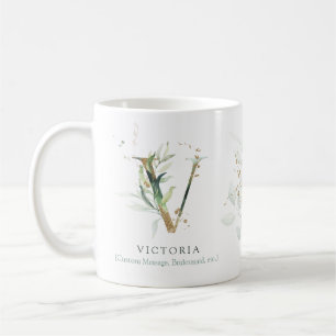 Eucalyptus Guld Monogram Initial V Greenery Chic Kaffemugg