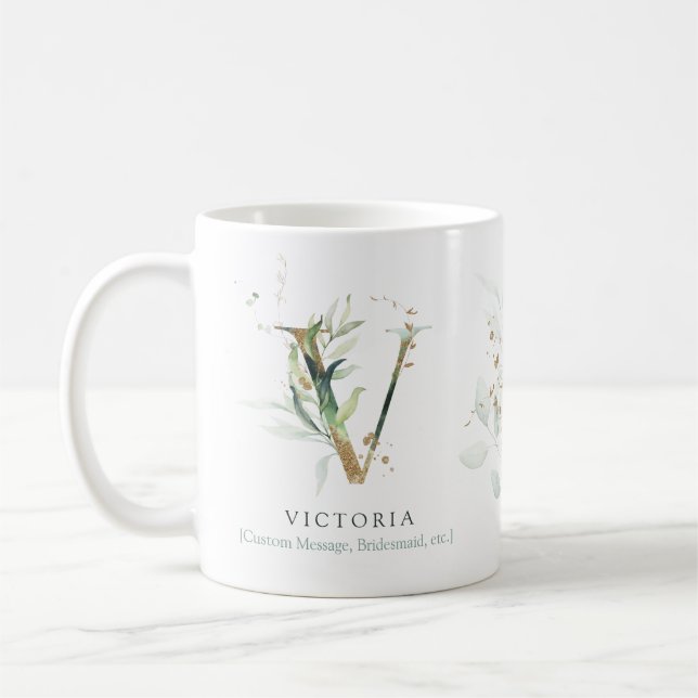 Eucalyptus Guld Monogram Initial V Greenery Chic Kaffemugg (Vänster)