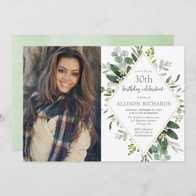 Eucalyptus guld oavsett födelsedagsfoto för vuxen inbjudningar (Fram/baksida)