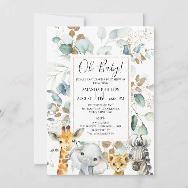 Eucalyptus Guld Safari Animals Baby Shower Inbjudningar (Framsida)