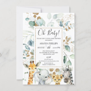 Eucalyptus Guld Safari Animals Baby Shower Inbjudningar