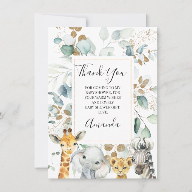 Eucalyptus Guld Safari Animals babyvykort Inbjudningar (Framsida)