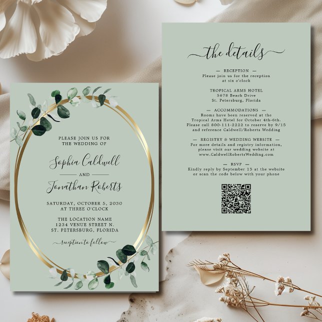 Eucalyptus Guld Sage All i One Bröllop Inbjudningar (Updated Eucalyptus Gold Sage Double Sided All in One Wedding Invitation)