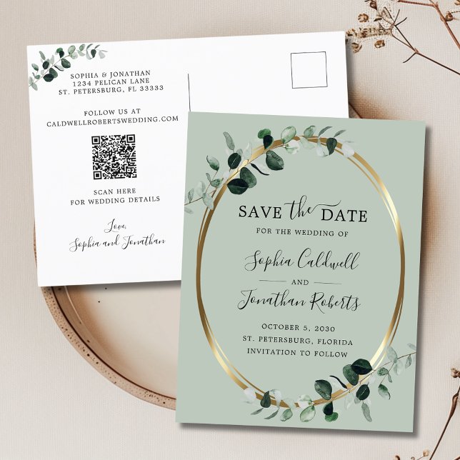 Eucalyptus Guld Sage QR-kod Spara datum Meddelande Vykort (Updated Eucalyptus Gold Sage Save the Date Announcement Postcard)