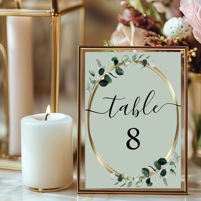 Eucalyptus Guld Sage Romantic Calligraphy Bröllop Bordsnummer (Skapare uppladdad)