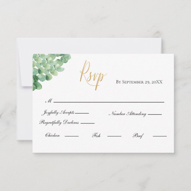 Eucalyptus Guld Script Formell Elegant Bröllop OSA Kort (Framsida)