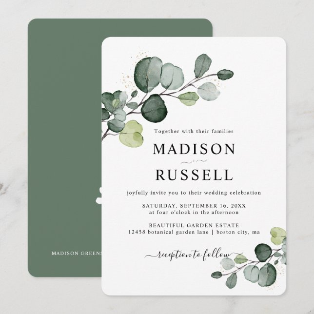 Eucalyptus Guld Splatter Greenery Bröllop Inbjudningar (Fram/baksida)