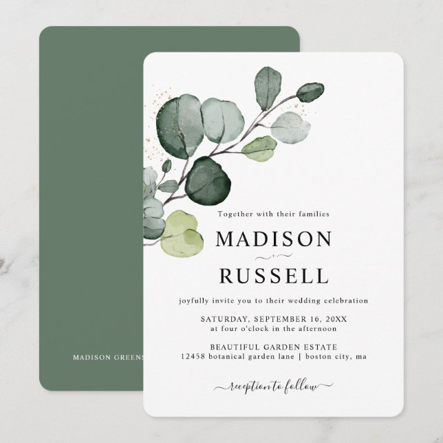 Eucalyptus Guld Splatter Greenery Bröllop Inbjudningar (Fram/baksida)