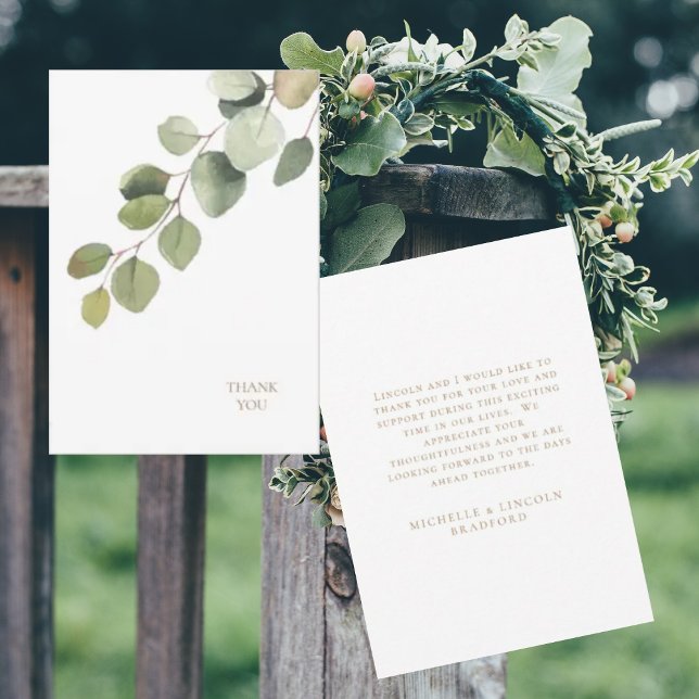 Eucalyptus Guld Text White Bröllop Tack Kort (Skapare uppladdad)