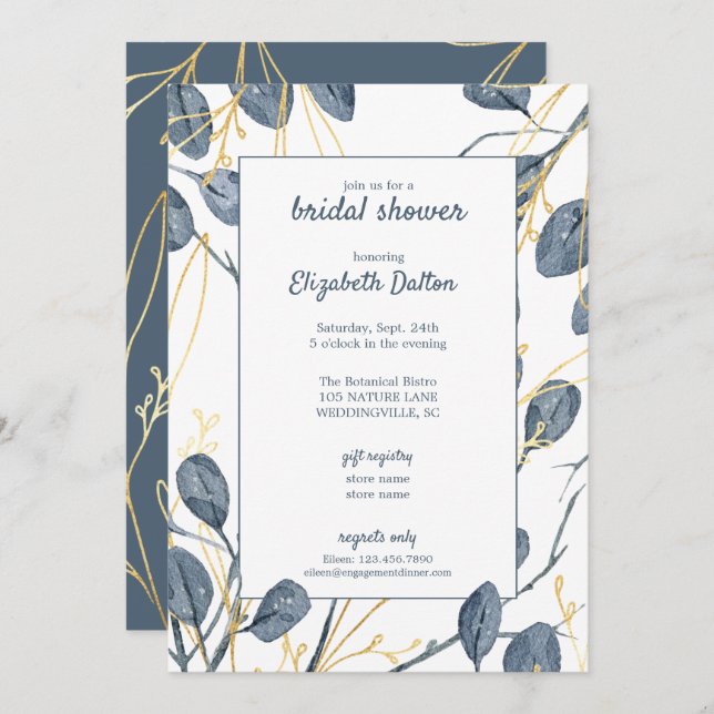 Eucalyptus & Guld Watercolor Garden Möhippa Inbjudningar (Fram/baksida)