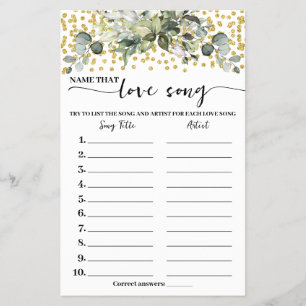Eucalyptus guldnamn Love Song Shower Game Card Flygblad
