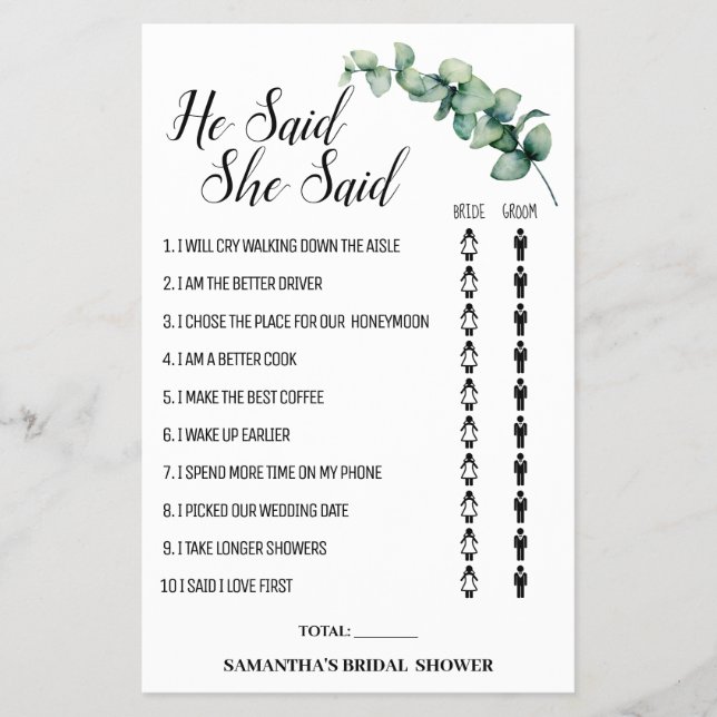 Eucalyptus Han sa att hon sa "Shower-spelkort" Flygblad (Framsidan)