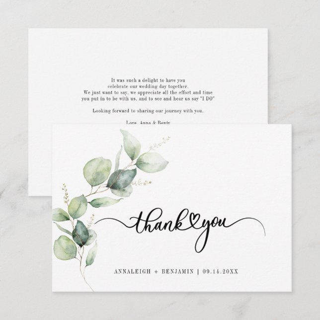 Eucalyptus Hand-Lettered Bröllop Tack Anteckningskort (Fram/baksida)