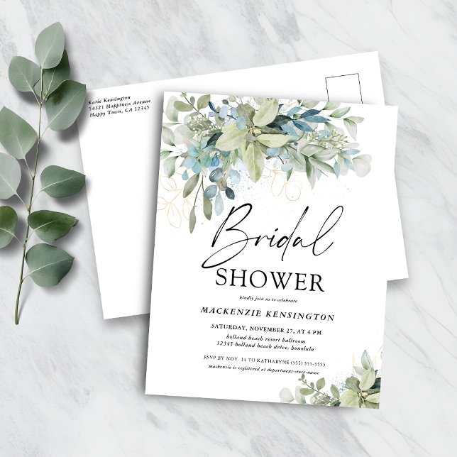 Eucalyptus Handskriftlig Möhippa Inbjudan Vykort (Eucalyptus Handwritten Script Bridal Shower Invitation Postcard)