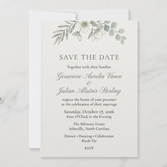 Eucalyptus & Hellebore Botanisk Elegant Spara Datu Inbjudningar (Framsida)