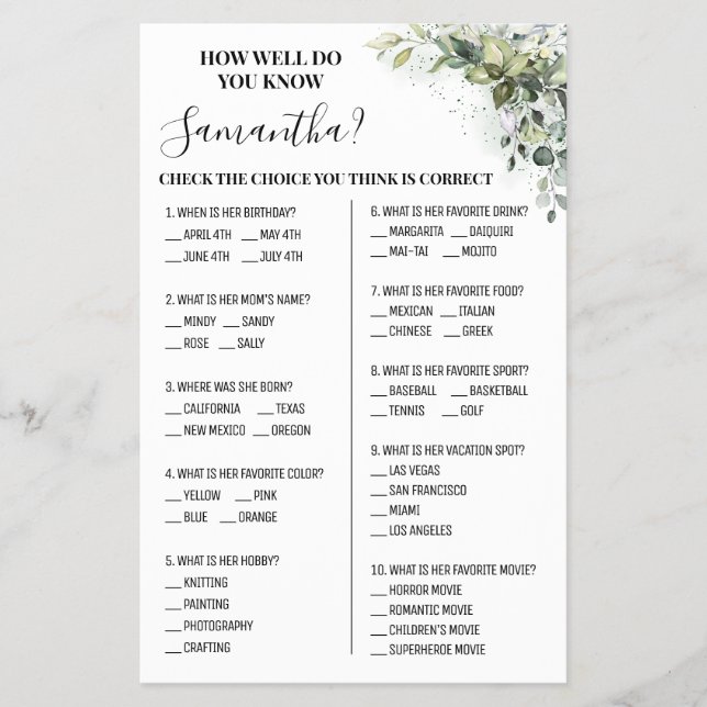 Eucalyptus Hur väl känner du till Bride Game Card? Flygblad (Framsidan)