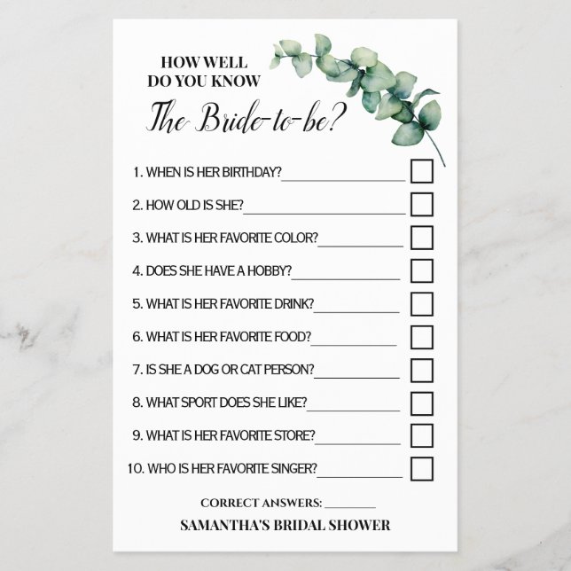 Eucalyptus Hur väl känner du till Bride Game Card? Flygblad (Framsidan)