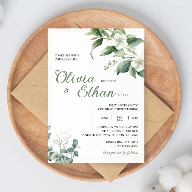 Eucalyptus Jasmine Botanical Wedding Invitation Inbjudningar (Skapare uppladdad)