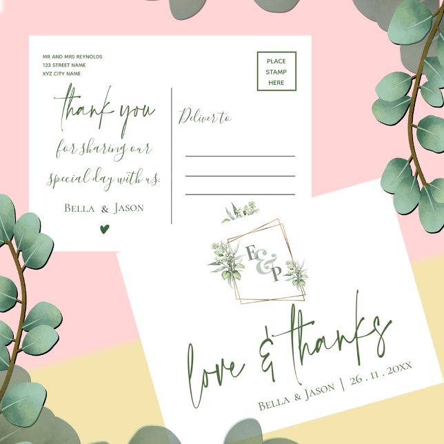 Eucalyptus Kärlek Tack Greenery Bröllop Tack Vykort (Eucalyptus Love Thanks Greenery Wedding Thank You Postcard)