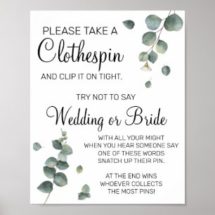 Eucalyptus klädnypa bröllopsdusch spelskylt poster