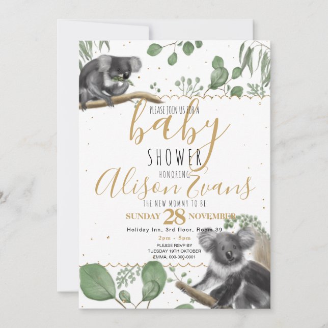 Eucalyptus Koalas guld glitter Baby Shower Meddelande (Framsida)
