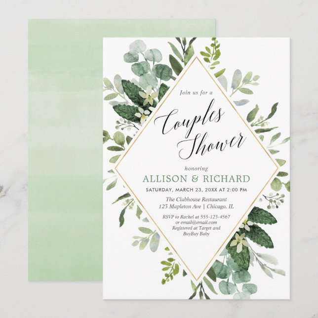 Eucalyptus könsneutrala par babydusch inbjudningar (Fram/baksida)