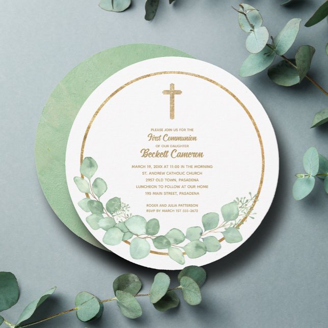 Eucalyptus Kor Första kommissionen Inbjudningar (Eucalyptus wreath and gold cross first communion round invitations)