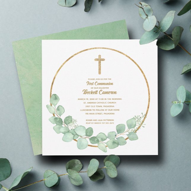 Eucalyptus Kor Första kommissionen Inbjudningar (Eucalyptus wreath and gold cross first communion square invitations)