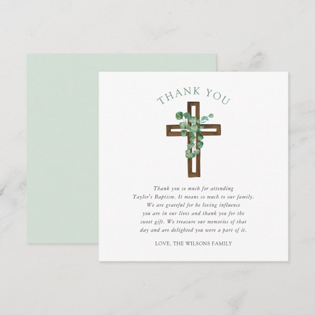 Eucalyptus Kor Modern Baptism Square Tack Kort (Fram/baksida)